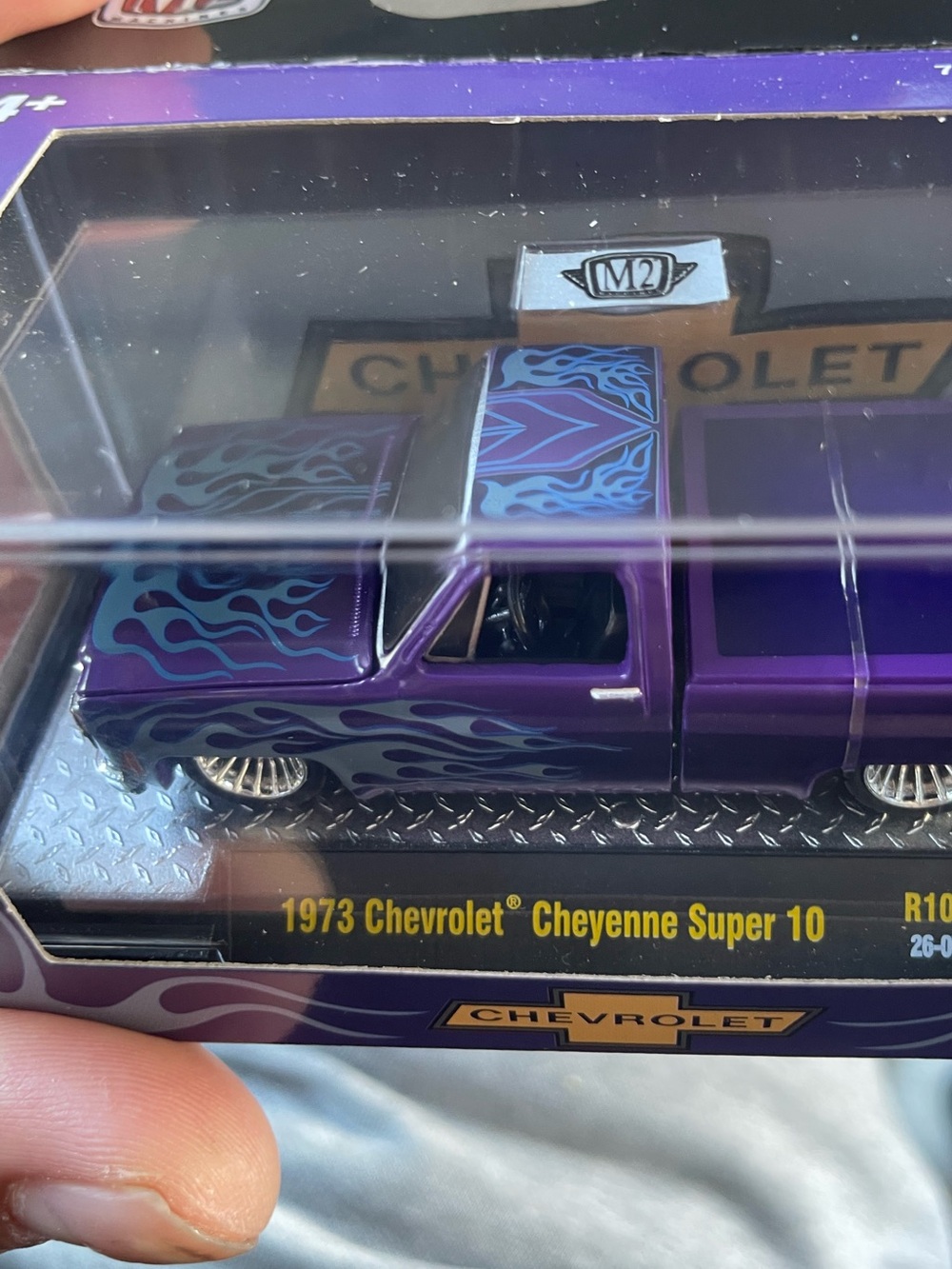 Machine Purple Chevrolet 1973 Cheyenne Super 10 Toy Truck with Blue Flames